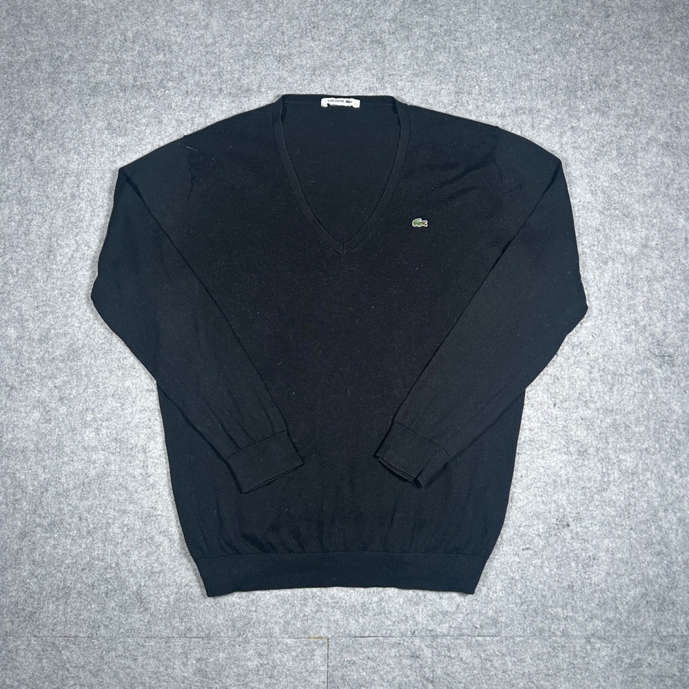 Lacoste Sweater Mens 46 large Black V Neck Cotton Pullover Classic Preppy Casual